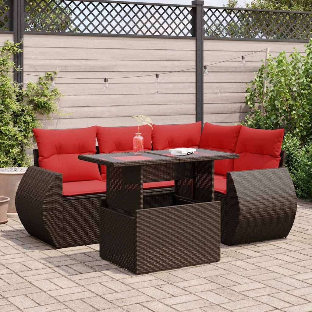 vidaXL 5-tlg. Garten-Sofagarnitur mit Kissen Braun Poly Rattan Akazie