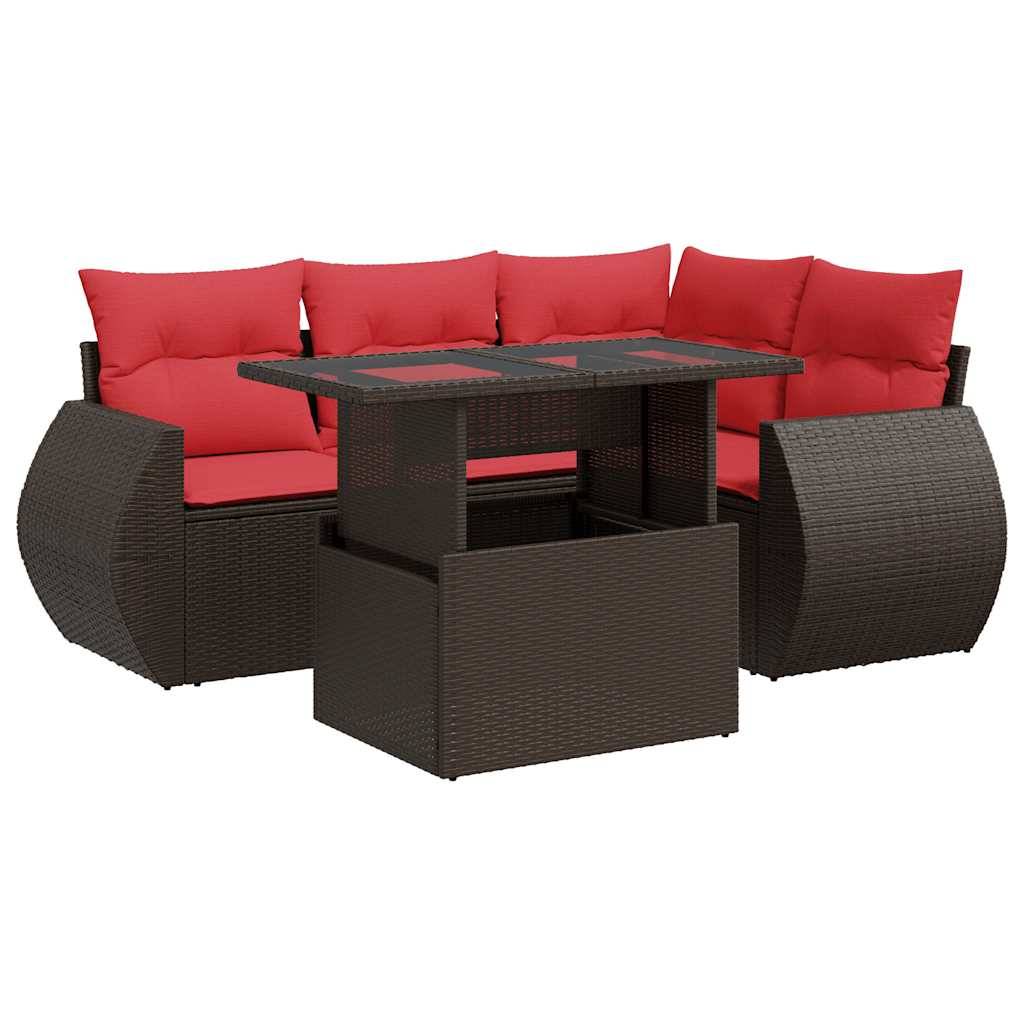vidaXL 5-tlg. Garten-Sofagarnitur mit Kissen Braun Poly Rattan Akazie