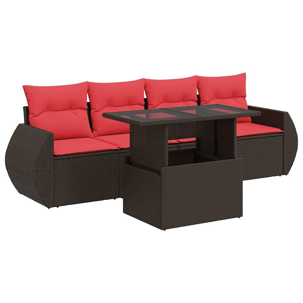 vidaXL 5-tlg. Garten-Sofagarnitur mit Kissen Braun Poly Rattan Akazie
