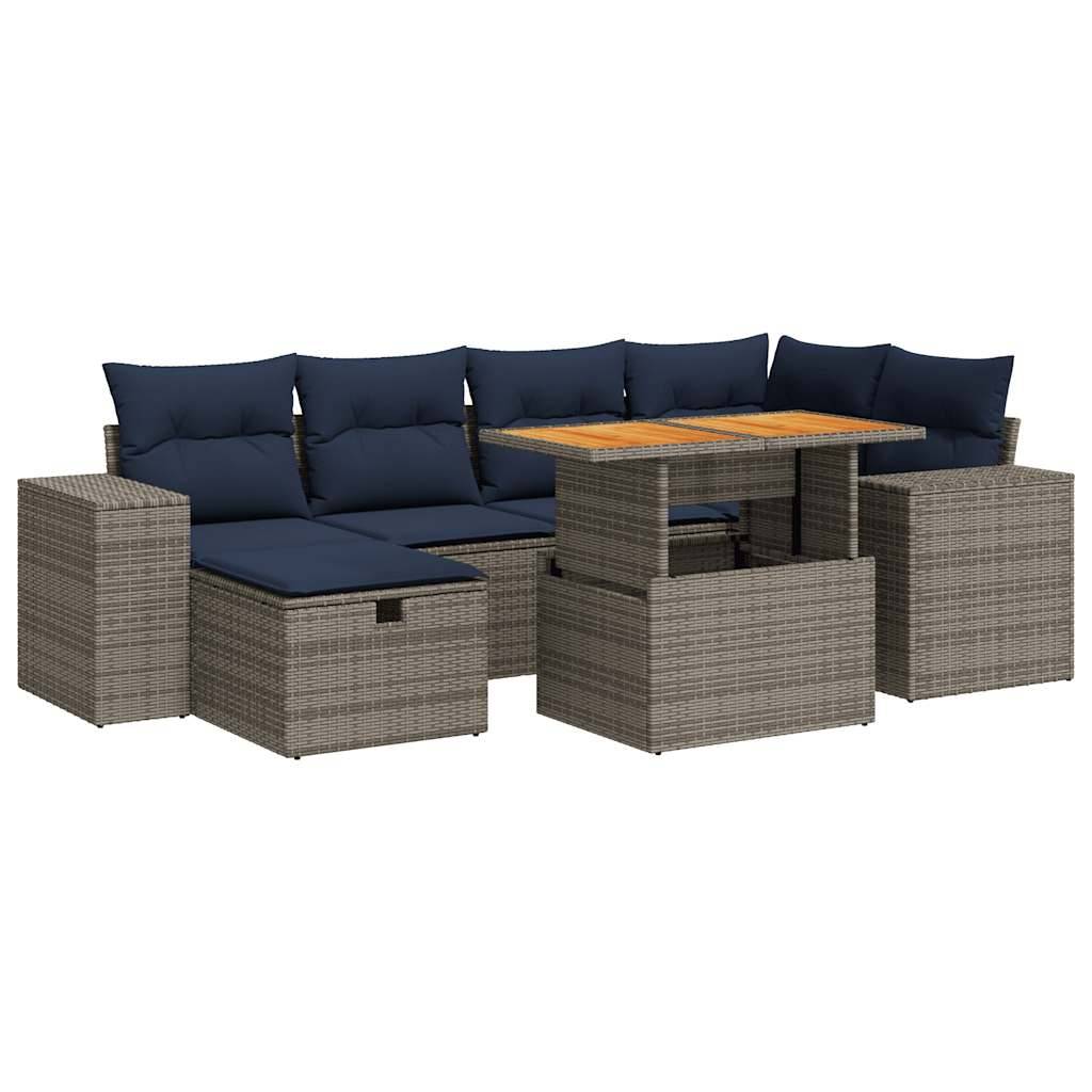 vidaXL 7-tlg. Garten-Sofagarnitur mit Kissen Braun Poly Rattan Akazie