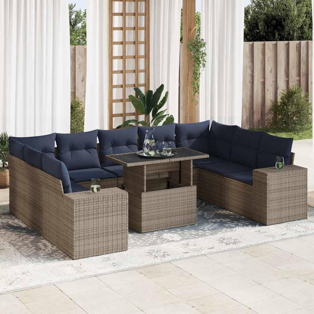 vidaXL 10-tlg. Garten-Sofagarnitur mit Kissen Grau Poly Rattan Akazie