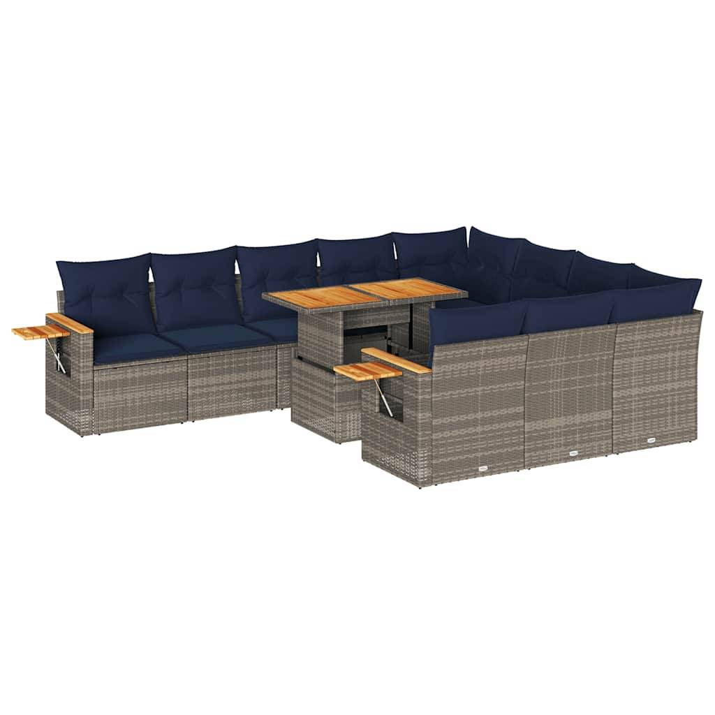 vidaXL 11-tlg. Garten-Sofagarnitur mit Kissen Grau Poly Rattan Akazie