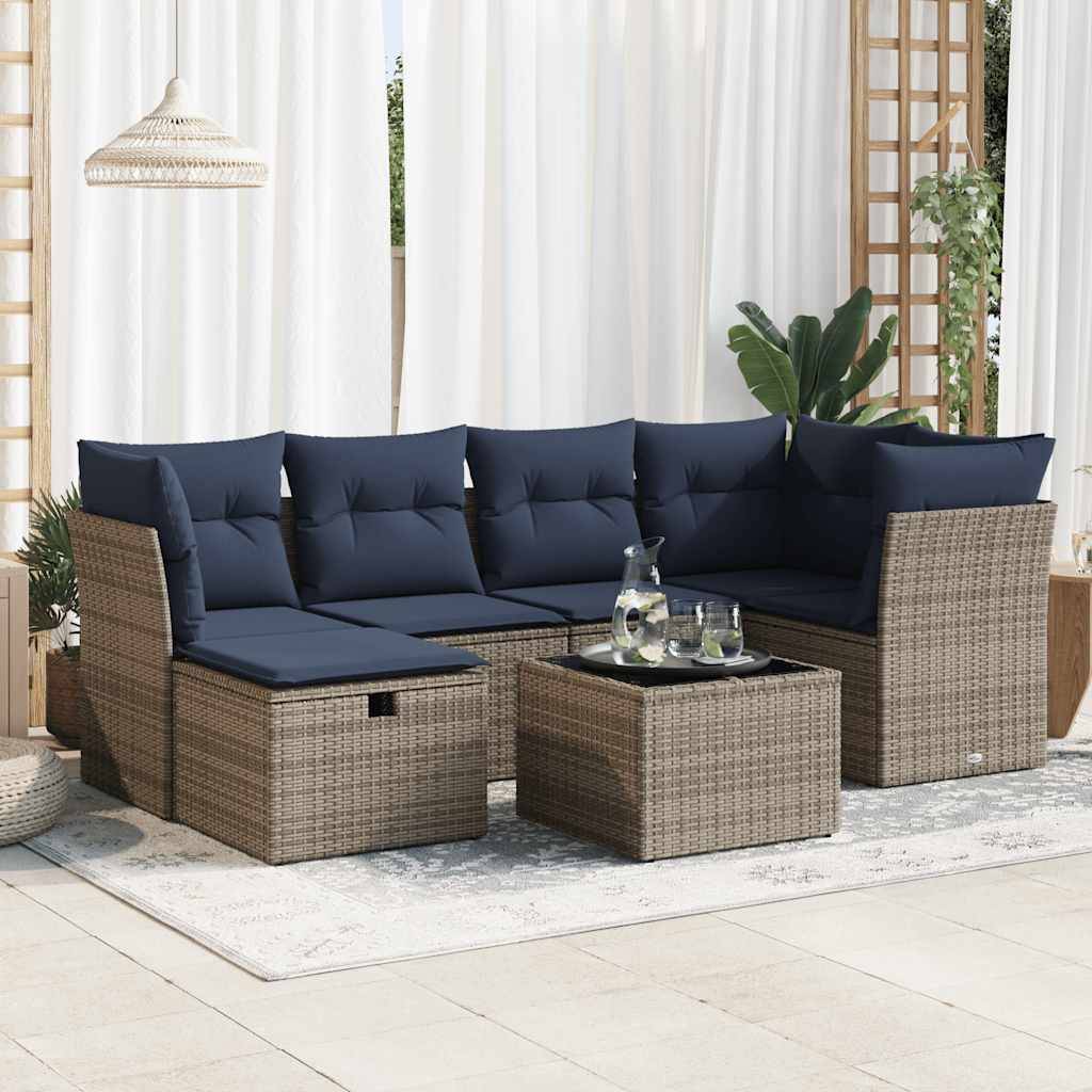 vidaXL 7-tlg. Garten-Sofagarnitur mit Kissen Grau Poly Rattan