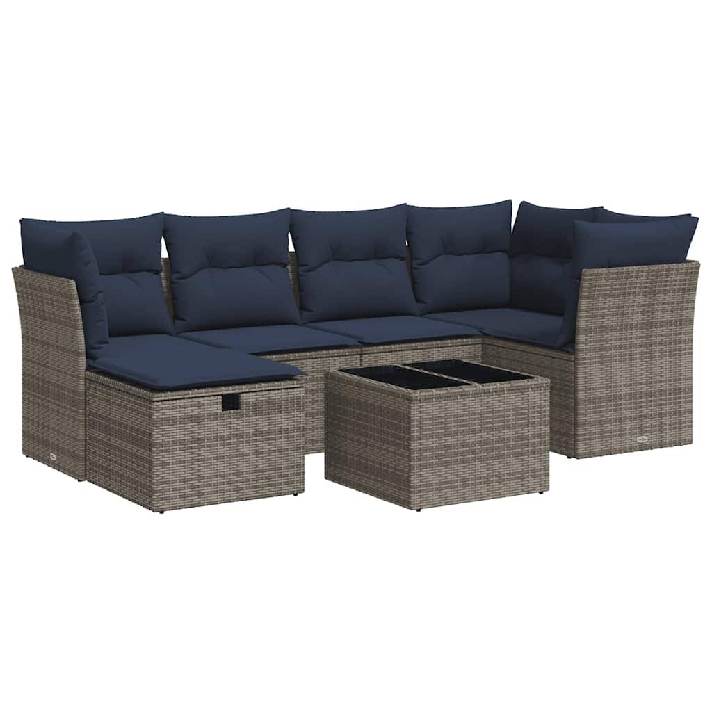 vidaXL 7-tlg. Garten-Sofagarnitur mit Kissen Grau Poly Rattan