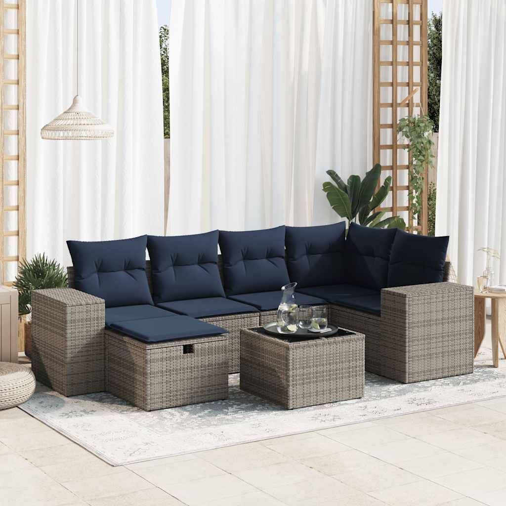 vidaXL 7-tlg. Garten-Sofagarnitur mit Kissen Grau Poly Rattan
