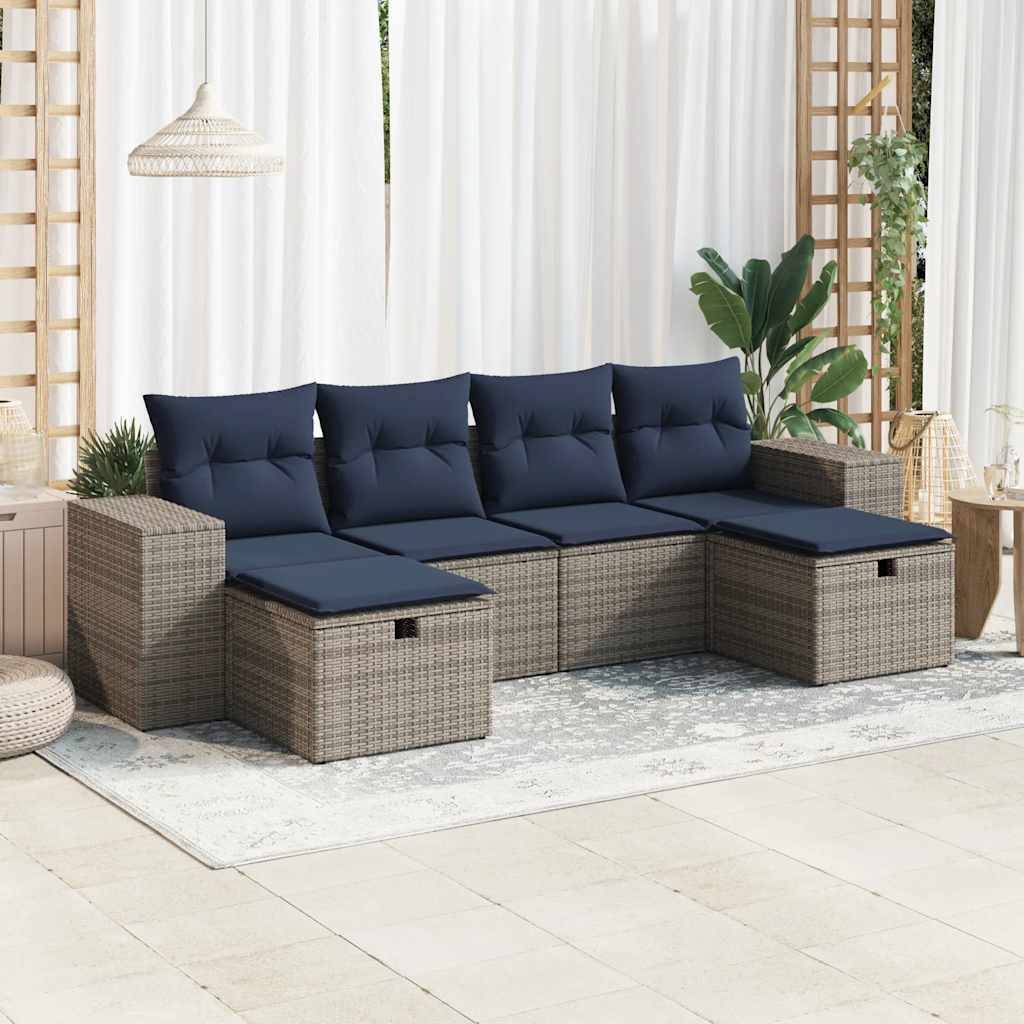 vidaXL 6-tlg. Garten-Sofagarnitur mit Kissen Grau Poly Rattan
