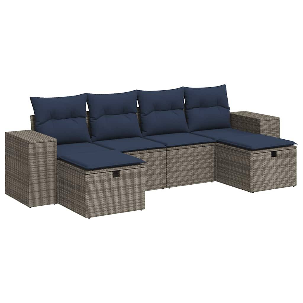vidaXL 6-tlg. Garten-Sofagarnitur mit Kissen Grau Poly Rattan