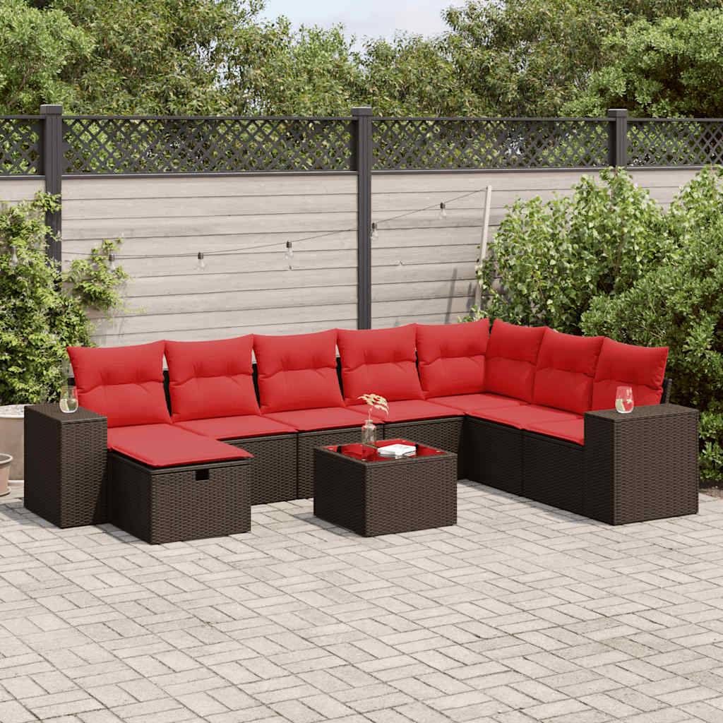 vidaXL 9-tlg. Garten-Sofagarnitur mit Kissen Braun Poly Rattan