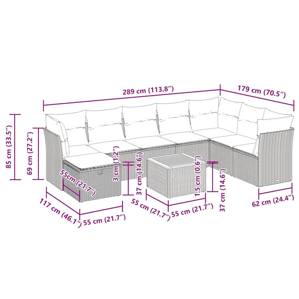 vidaXL 9-tlg. Garten-Sofagarnitur mit Kissen Grau Poly Rattan