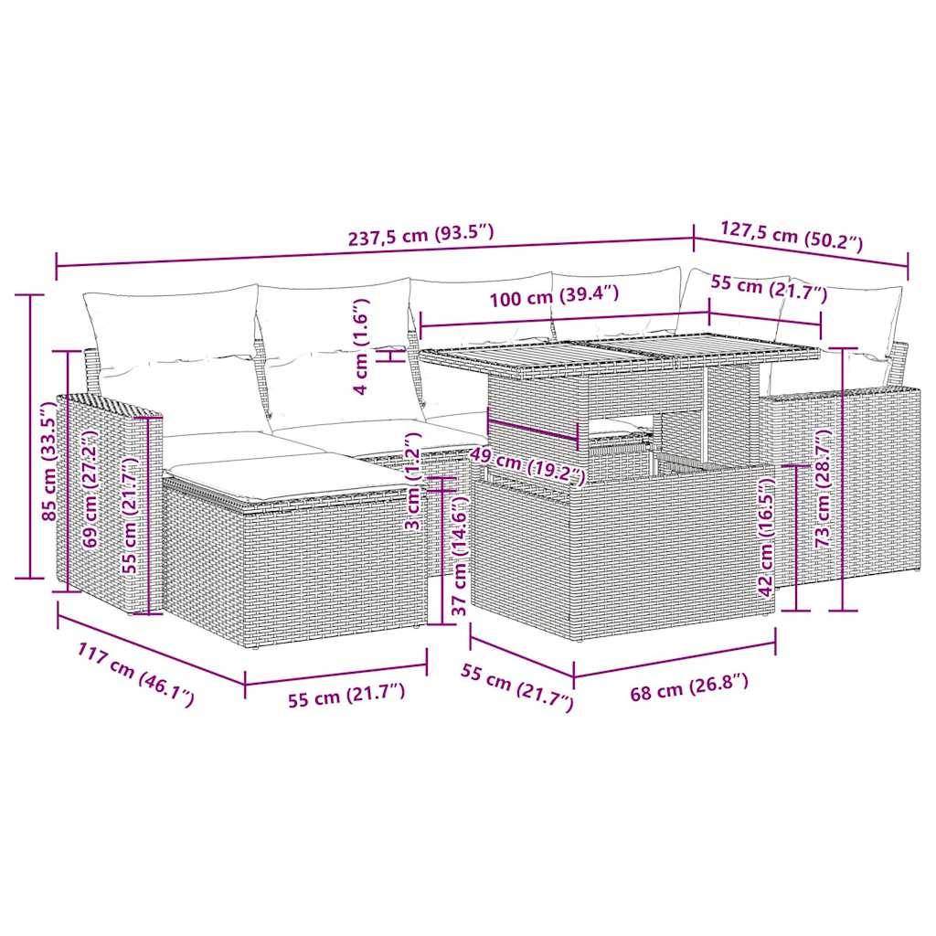vidaXL 7-tlg. Garten-Sofagarnitur mit Kissen Grau Poly Rattan
