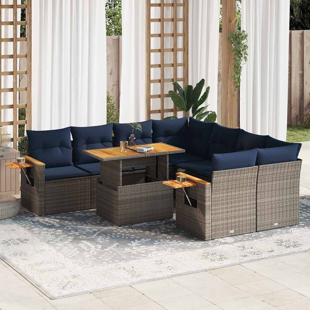 vidaXL 9-tlg. Garten-Sofagarnitur mit Kissen Grau Poly Rattan
