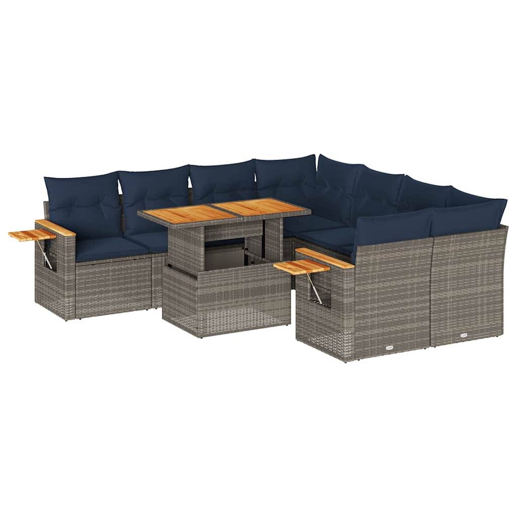 vidaXL 9-tlg. Garten-Sofagarnitur mit Kissen Grau Poly Rattan