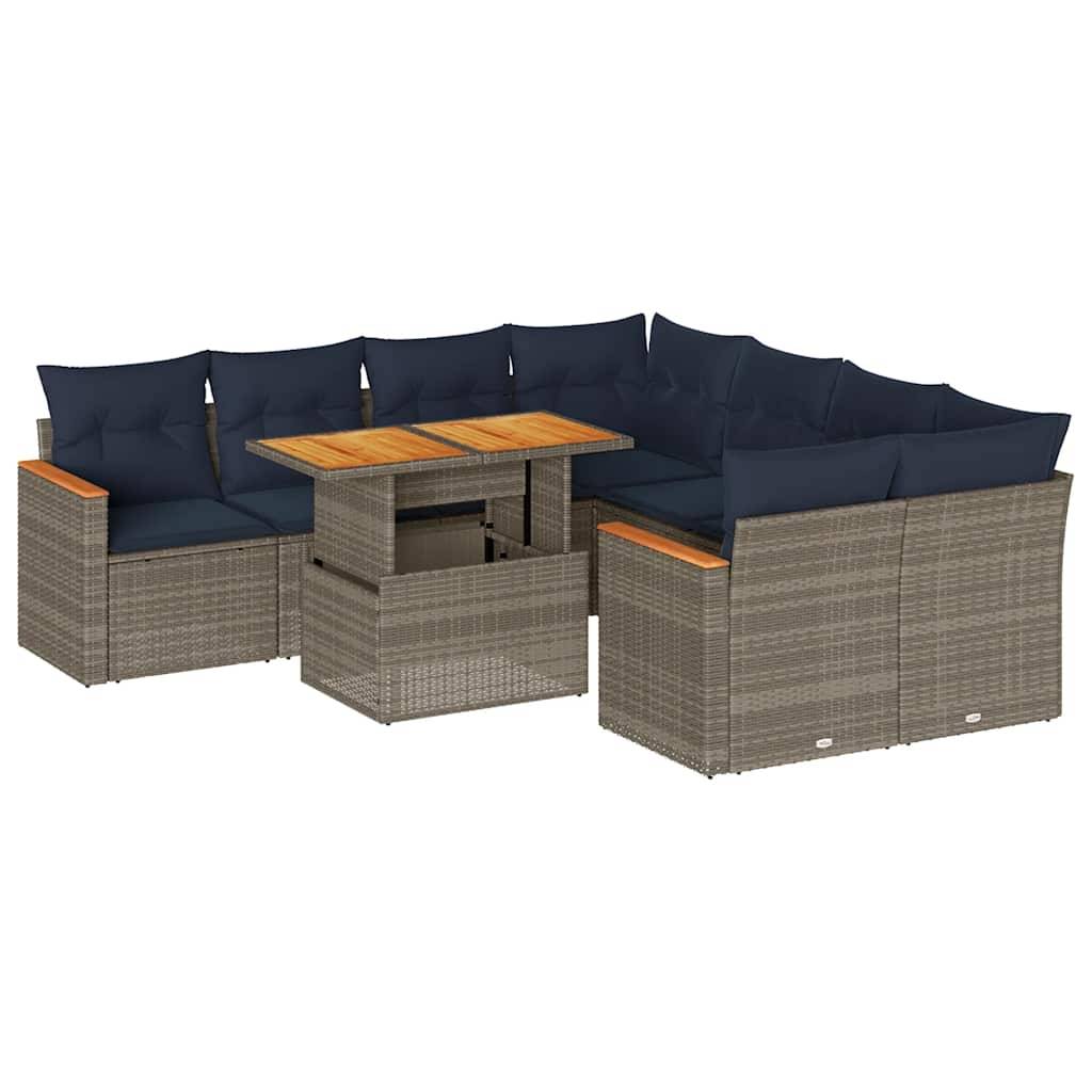 vidaXL 9-tlg. Garten-Sofagarnitur mit Kissen Grau Poly Rattan