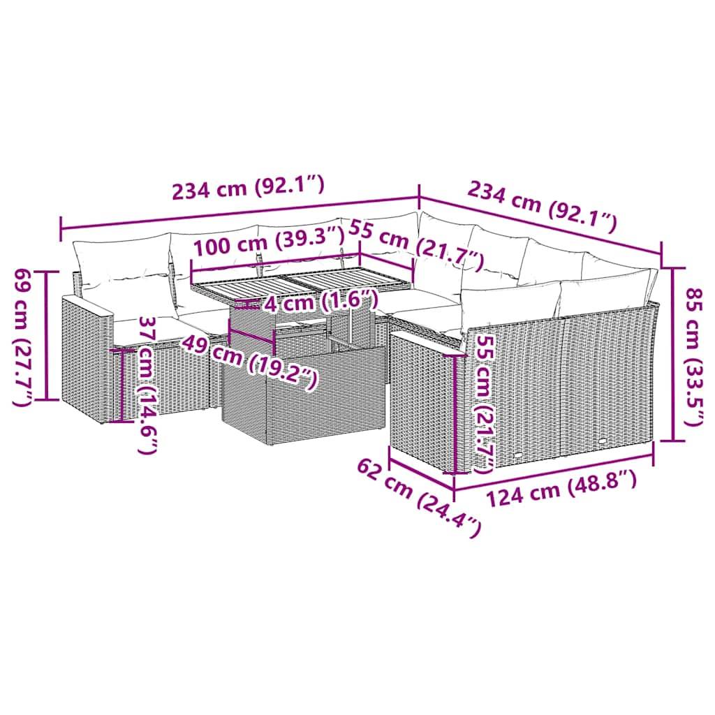 vidaXL 9-tlg. Garten-Sofagarnitur mit Kissen Grau Poly Rattan