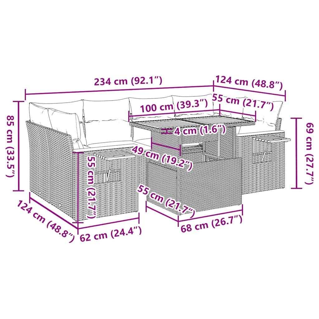vidaXL 7-tlg. Garten-Sofagarnitur mit Kissen Schwarz Poly Rattan