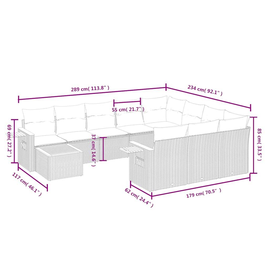 vidaXL 11-tlg. Garten-Sofagarnitur mit Kissen Grau Poly Rattan