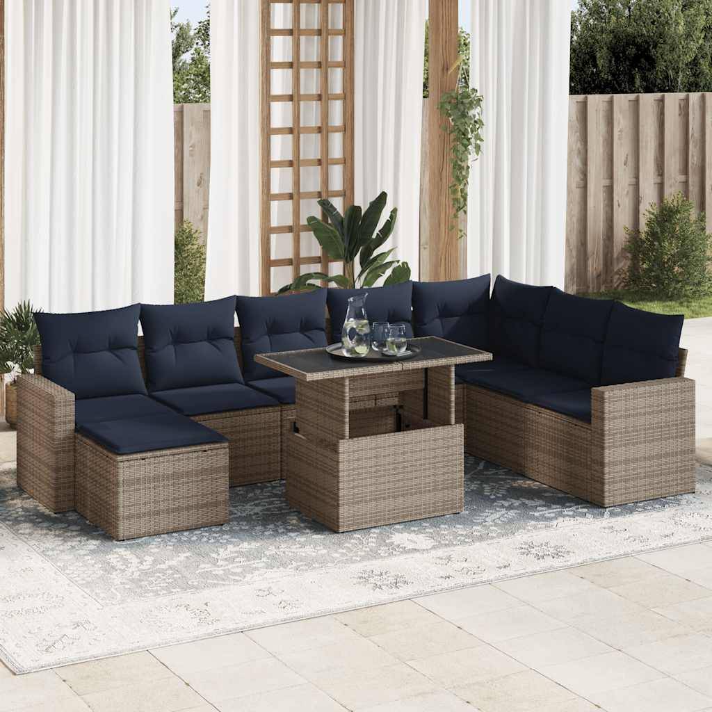 vidaXL 9-tlg. Garten-Sofagarnitur mit Kissen Grau Poly Rattan Akazie
