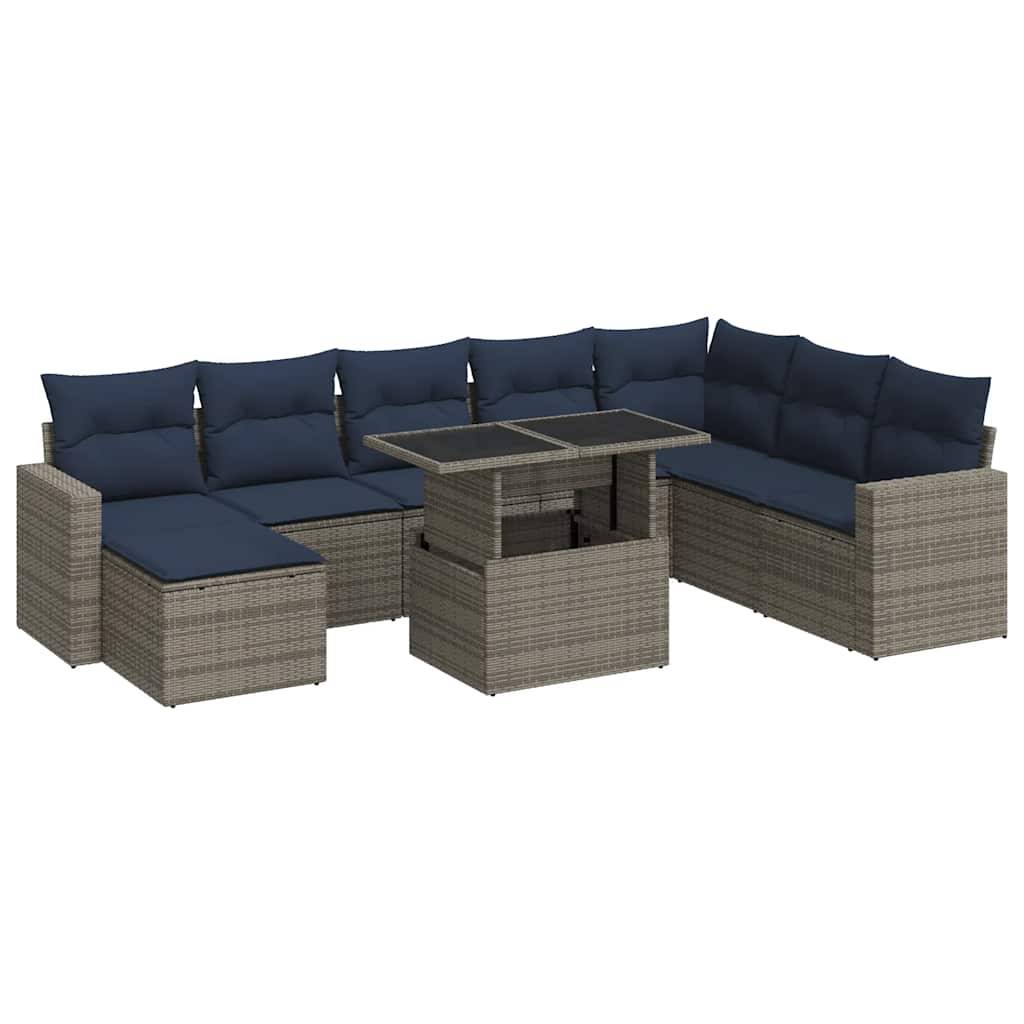 vidaXL 9-tlg. Garten-Sofagarnitur mit Kissen Grau Poly Rattan Akazie