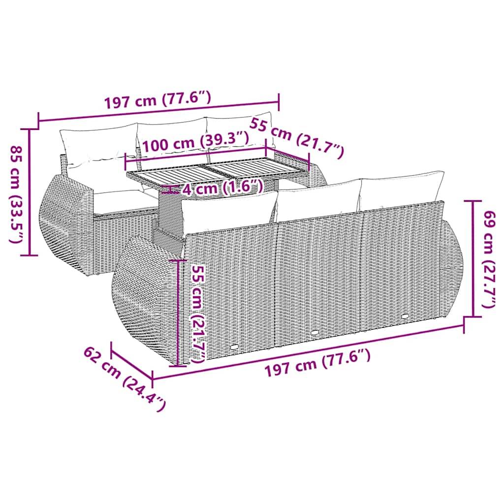vidaXL 7-tlg. Garten-Sofagarnitur mit Kissen Schwarz Poly Rattan
