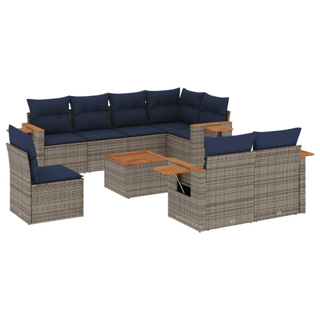vidaXL 9-tlg. Garten-Sofagarnitur mit Kissen Grau Poly Rattan