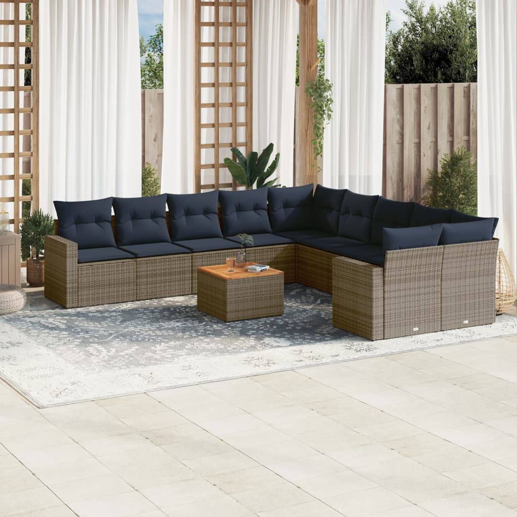 vidaXL 11-tlg. Garten-Sofagarnitur mit Kissen Grau Poly Rattan