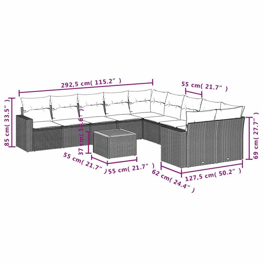 vidaXL 11-tlg. Garten-Sofagarnitur mit Kissen Grau Poly Rattan