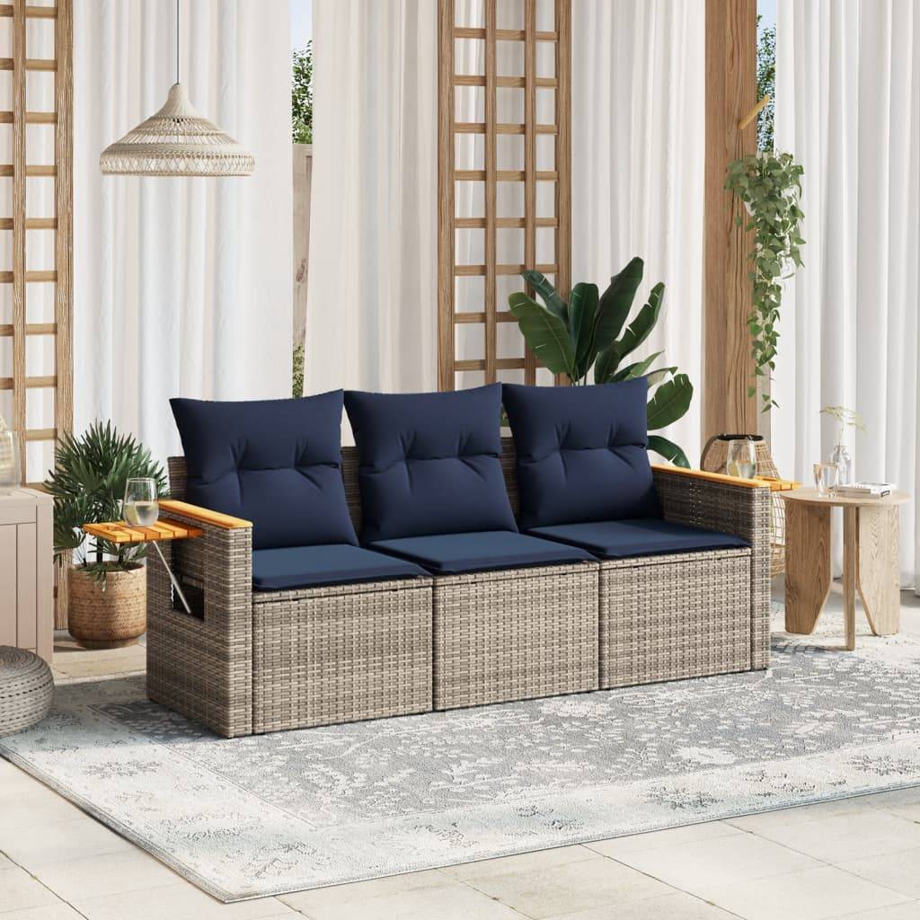 vidaXL 3-tlg. Garten-Sofagarnitur mit Kissen Grau Poly Rattan
