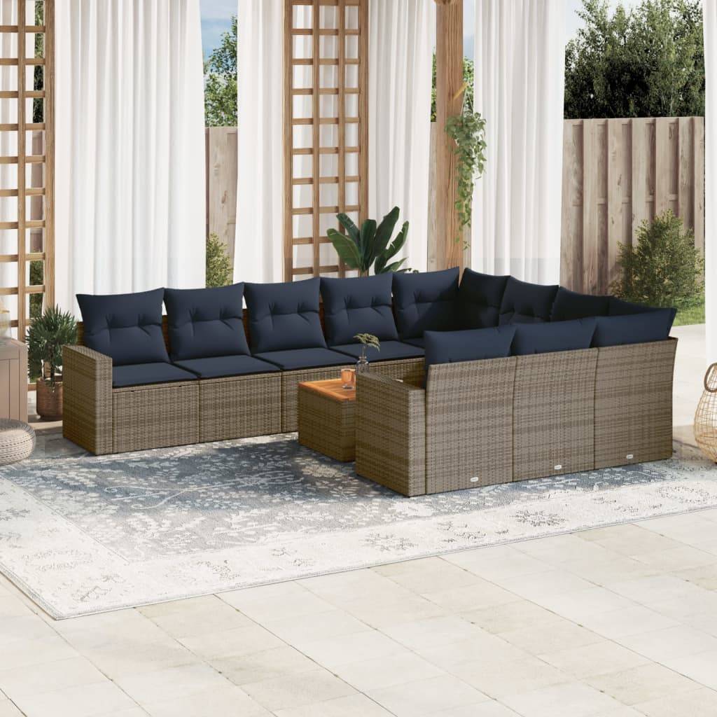 vidaXL 11-tlg. Garten-Sofagarnitur mit Kissen Grau Poly Rattan