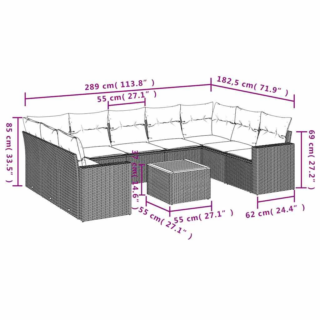vidaXL 10-tlg. Garten-Sofagarnitur mit Kissen Grau Poly Rattan