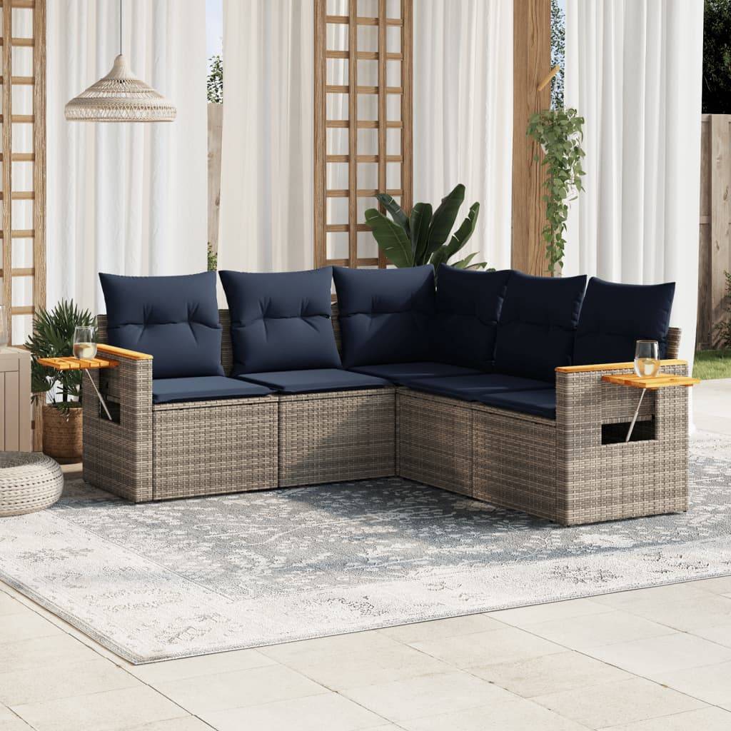 vidaXL 5-tlg. Garten-Sofagarnitur mit Kissen Grau Poly Rattan