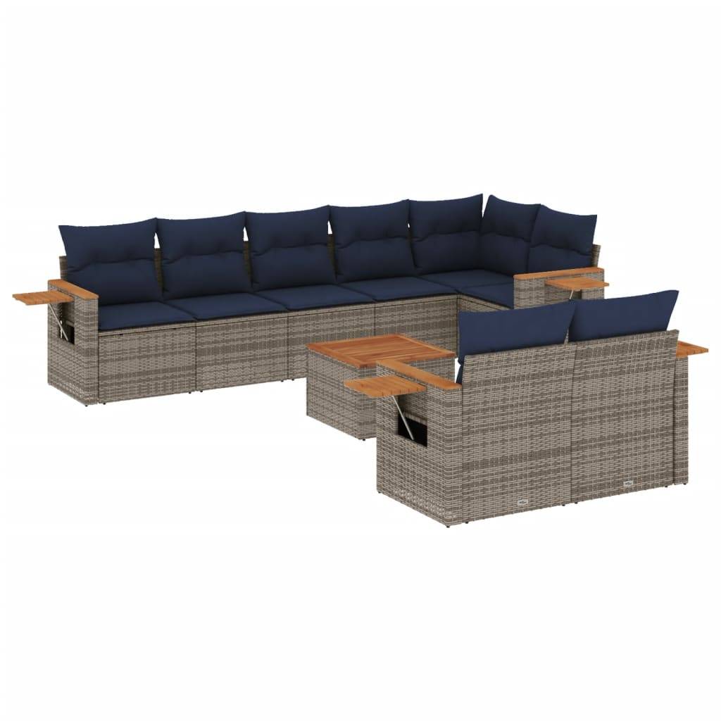 vidaXL 9-tlg. Garten-Sofagarnitur mit Kissen Grau Poly Rattan