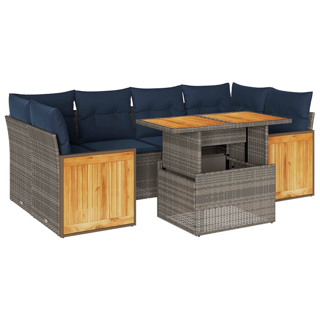 vidaXL 7-tlg. Garten-Sofagarnitur mit Kissen Grau Poly Rattan Akazie