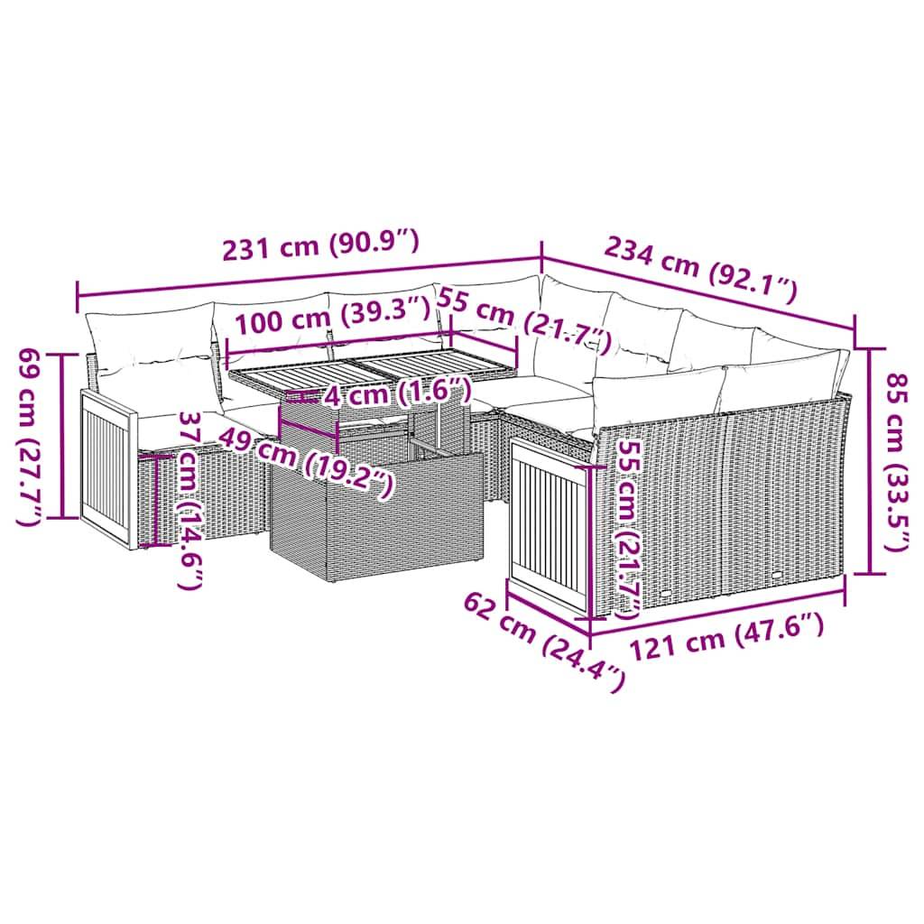 vidaXL 9-tlg. Garten-Sofagarnitur mit Kissen Grau Poly Rattan Akazie