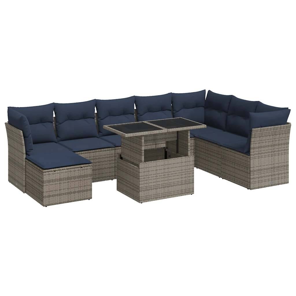 vidaXL 9-tlg. Garten-Sofagarnitur mit Kissen Grau Poly Rattan Akazie