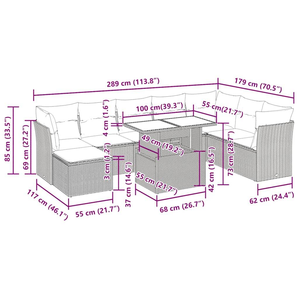 vidaXL 9-tlg. Garten-Sofagarnitur mit Kissen Grau Poly Rattan Akazie
