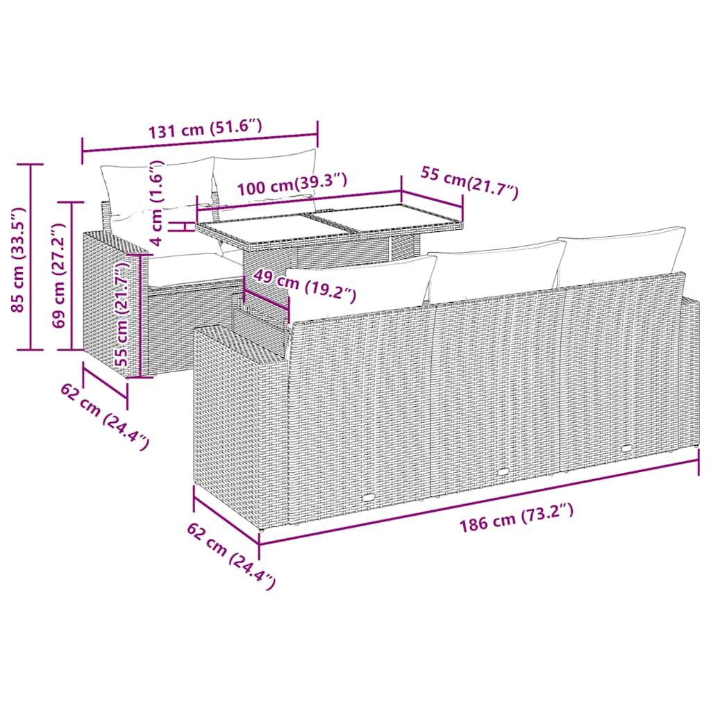 vidaXL 6-tlg. Garten-Sofagarnitur mit Kissen Grau Poly Rattan Akazie