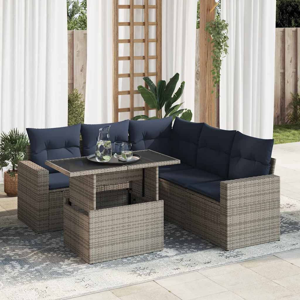 vidaXL 6-tlg. Garten-Sofagarnitur mit Kissen Grau Poly Rattan Akazie