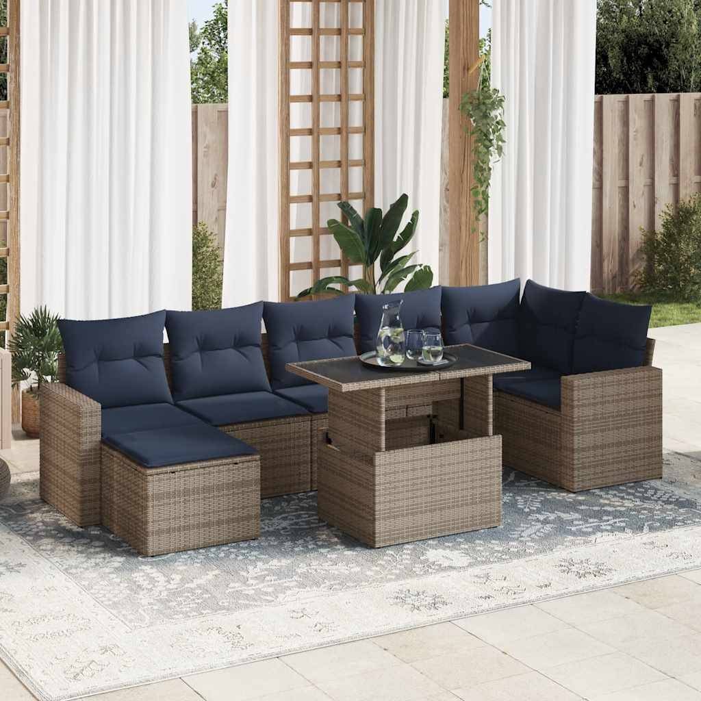 vidaXL 7-tlg. Garten-Sofagarnitur mit Kissen Grau Poly Rattan Akazie