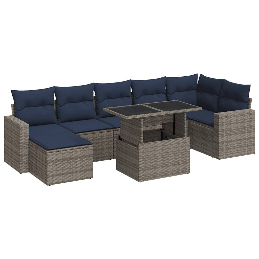 vidaXL 7-tlg. Garten-Sofagarnitur mit Kissen Grau Poly Rattan Akazie