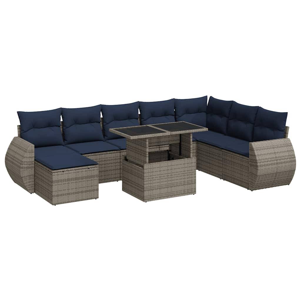 vidaXL 9-tlg. Garten-Sofagarnitur mit Kissen Grau Poly Rattan Akazie
