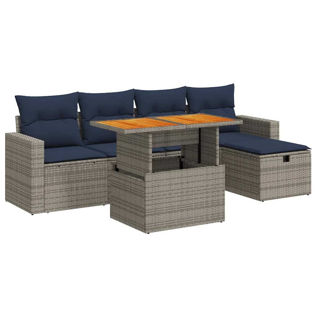 vidaXL 6-tlg. Garten-Sofagarnitur mit Kissen Grau Poly Rattan Akazie