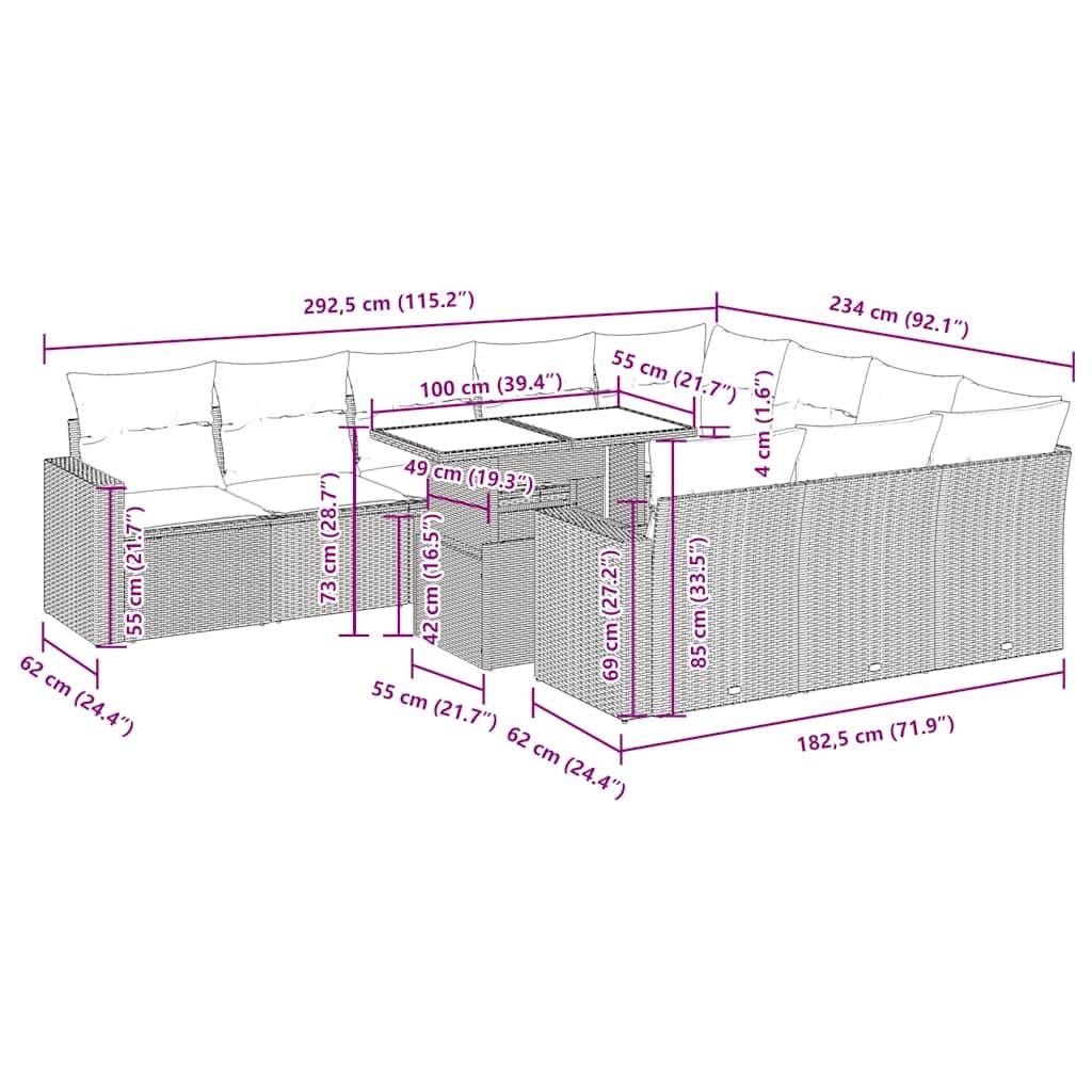 vidaXL 11-tlg. Garten-Sofagarnitur mit Kissen Schwarz Poly Rattan Akazie