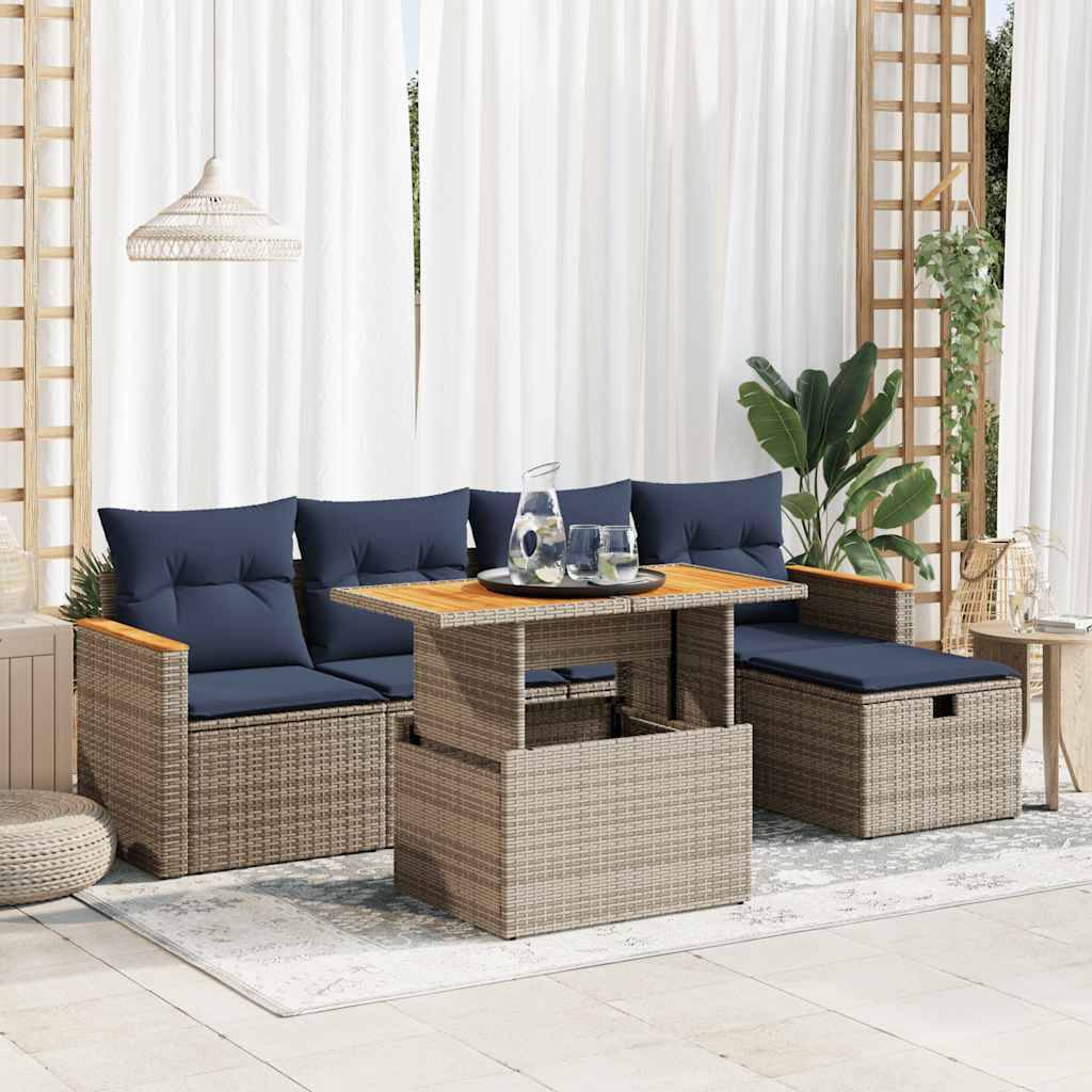 vidaXL 6-tlg. Garten-Sofagarnitur mit Kissen Grau Poly Rattan Akazie
