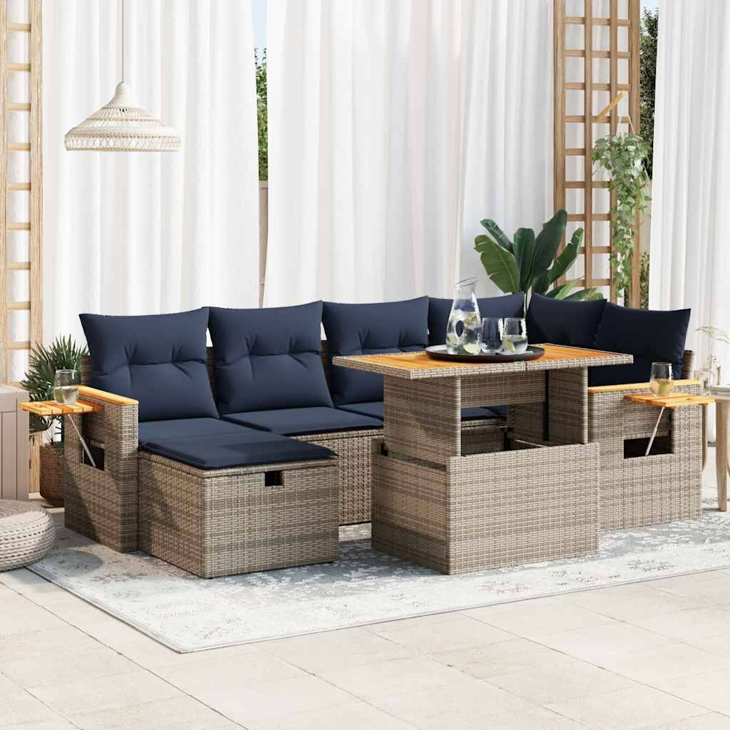vidaXL 7-tlg. Garten-Sofagarnitur mit Kissen Schwarz Poly Rattan