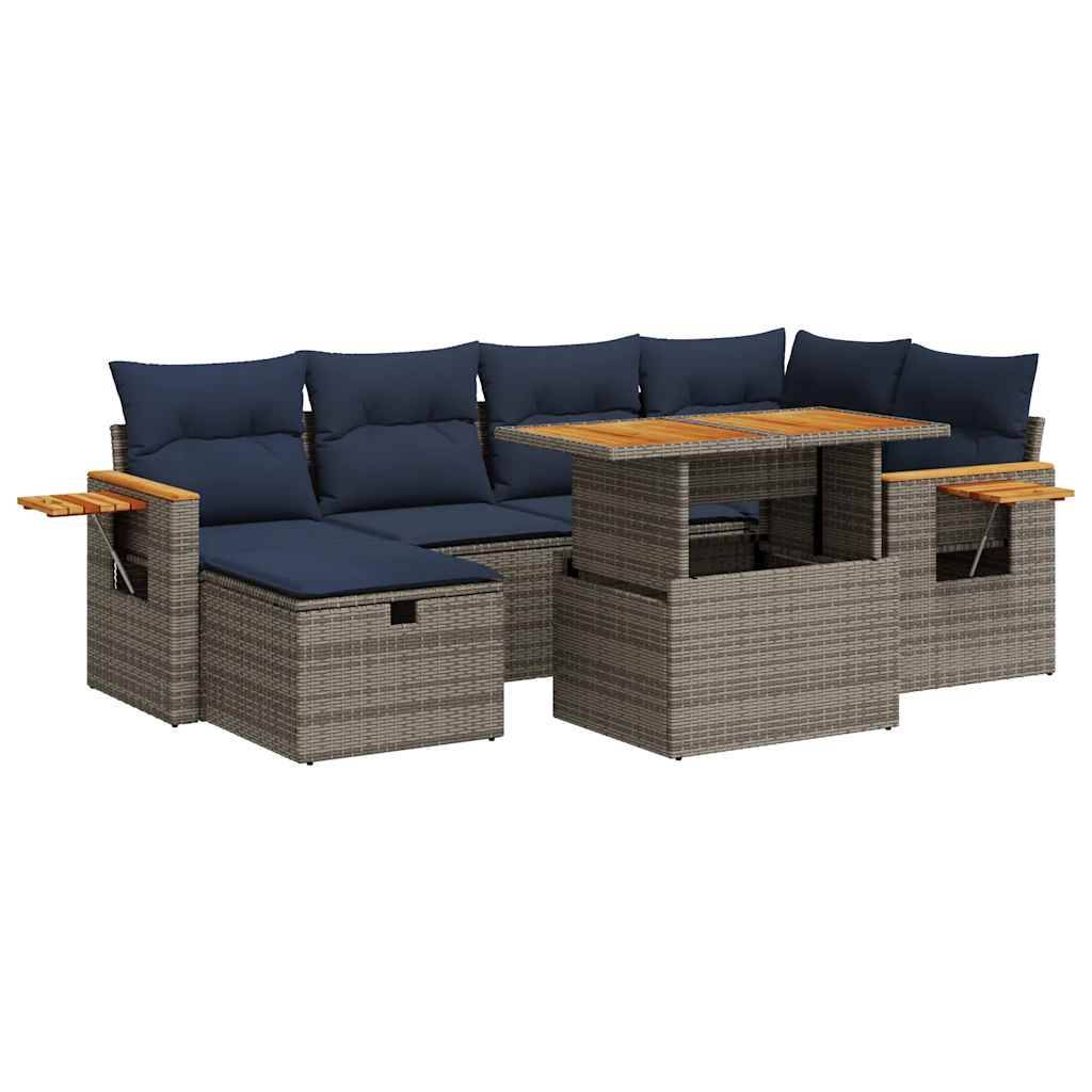 vidaXL 7-tlg. Garten-Sofagarnitur mit Kissen Schwarz Poly Rattan