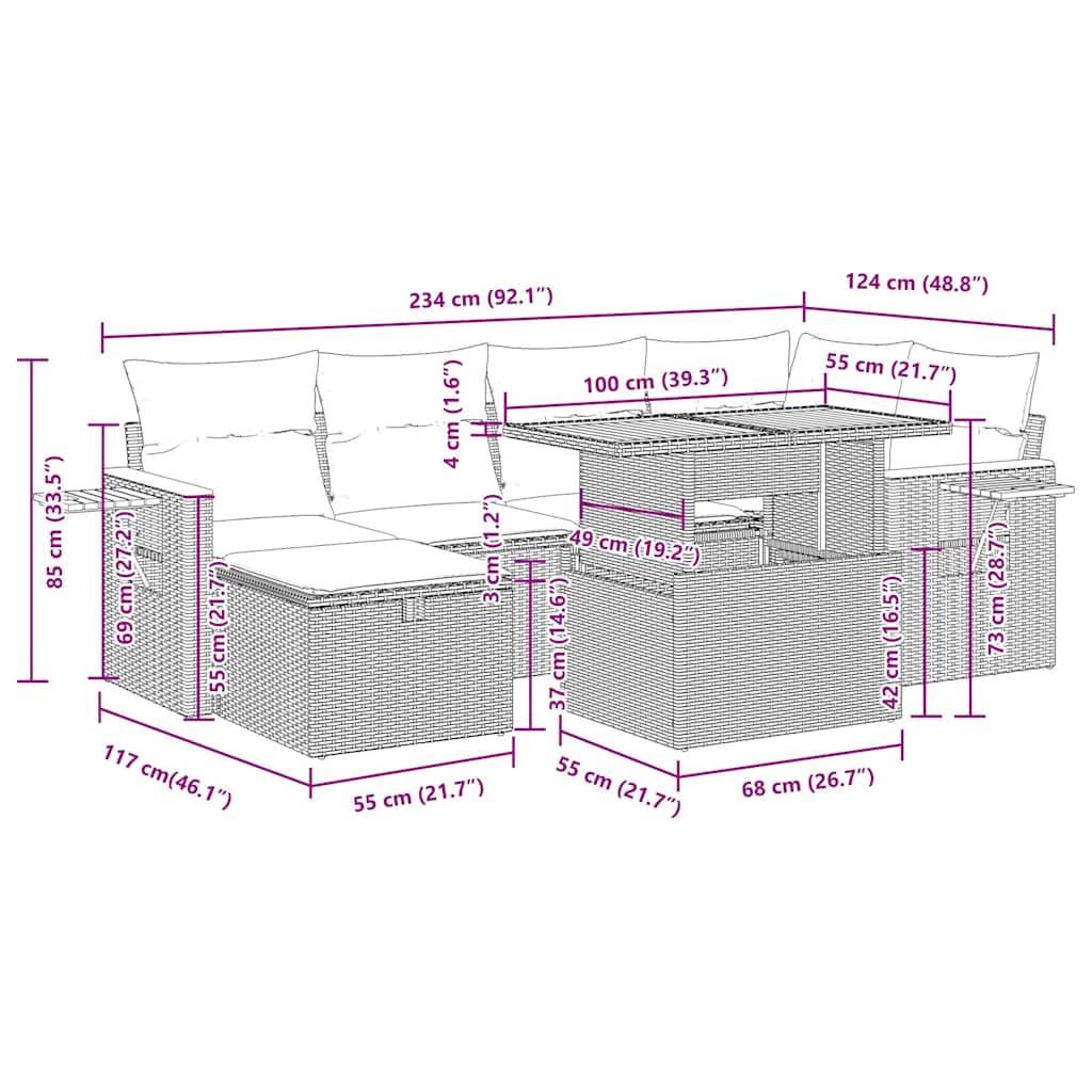 vidaXL 7-tlg. Garten-Sofagarnitur mit Kissen Schwarz Poly Rattan