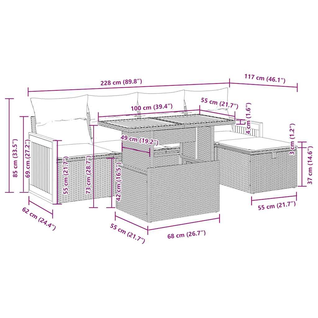 vidaXL 6-tlg. Garten-Sofagarnitur mit Kissen Grau Poly Rattan Akazie