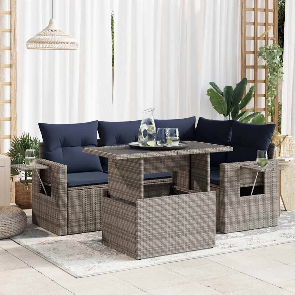 vidaXL 5tlg. Garten-Sofagarnitur mit Kissen Schwarz Poly Rattan Akazie