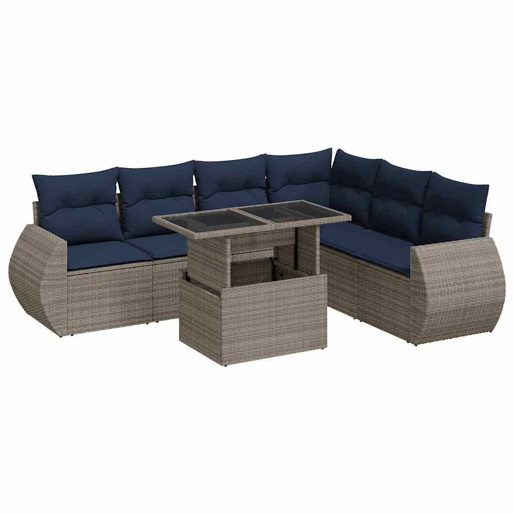 vidaXL 7-tlg. Garten-Sofagarnitur mit Kissen Grau Poly Rattan Akazie
