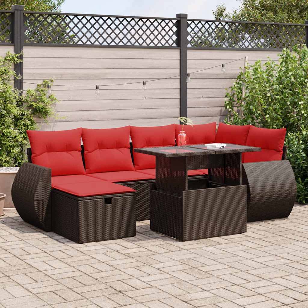 vidaXL 7-tlg. Garten-Sofagarnitur mit Kissen Schwarz Poly Rattan